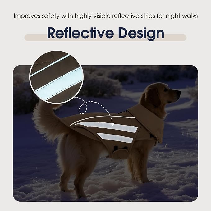 IECOii Dog Coat Waterproof - Adjustable & Reflective Winter Jacket with Cozy Fleece Lining, Coats for Rainy, Snowy Outdoor Activities, Khaki, Sizes M