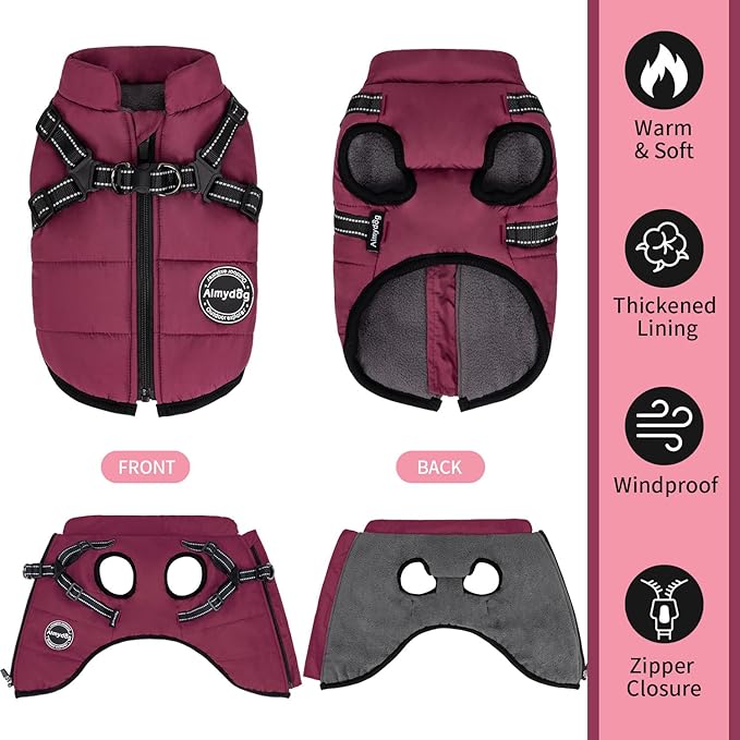 Dog Winter Coat, Warm Jacket Reflective Adjustable Fleece Vest with Harness, Waterproof Windproof Snow Jacket for Small Medium Dogs, Purple XS