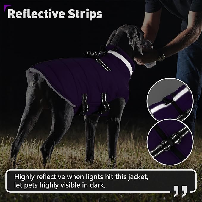 Dogcheer Dog Coat with Harness, Waterproof Dog Jacket Adjustable Pet Winter Coat with Zipper, Christmas Puppy Snow Jacket Fleece Sweater for Small Medium Large Dogs - Purple XS