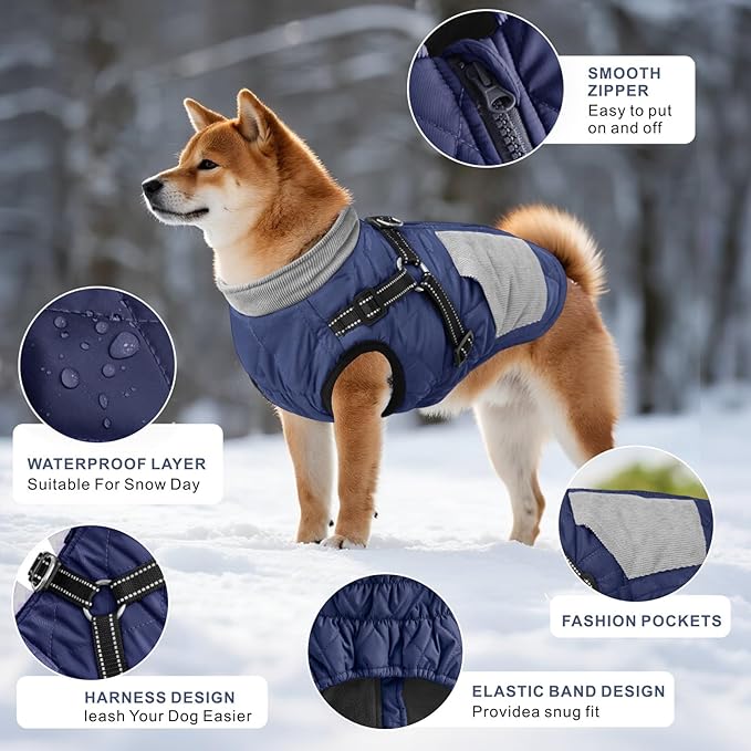 Mosucoirl Warm Dog Coats Pet Clothes, Waterproof Dogs Jacket Reflective Pet Outfits Winter Dog Cold Weather Coat Cozy Snow Jackets Vest for Small Medium Large Dogs Puppy Doggie (NavyBlue, L)