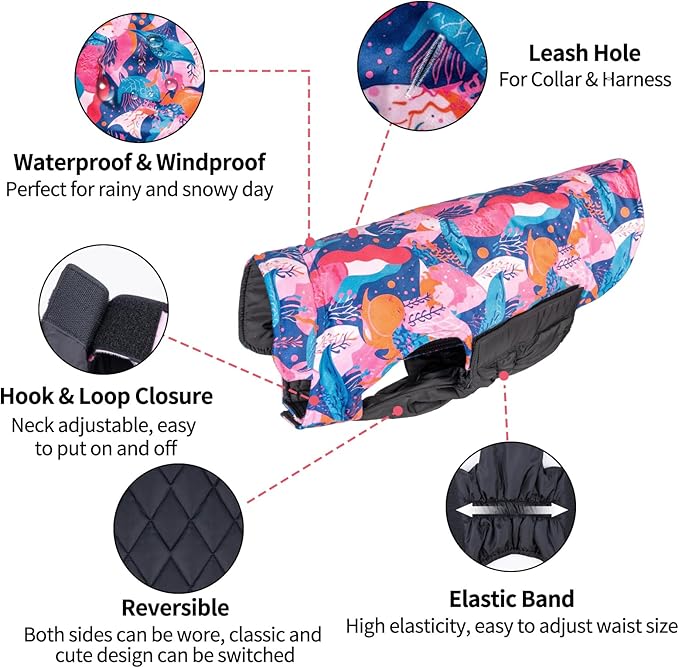 CuteBone Winter Jacket - Waterproof, Windproof, Reversible Dog Coat with Leash Hole, Soft Cold Weather Coat for Small to Large Dogs