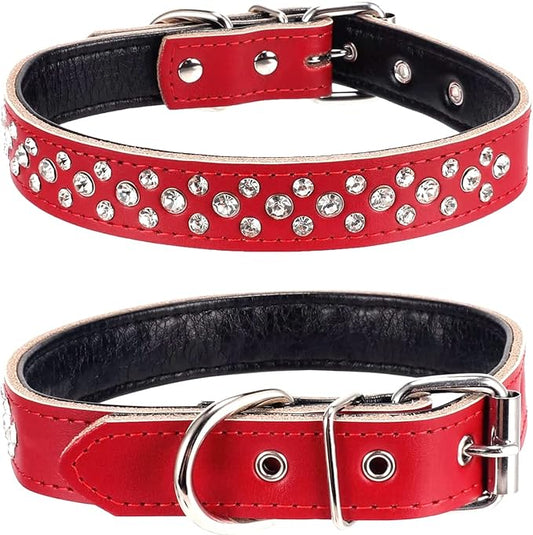 Rhinestones Dog Collar, Adjustable Sparkly Crystal Studded Genuine Leather Pet Dog Collar for Small and Medium Dogs (M, Red)