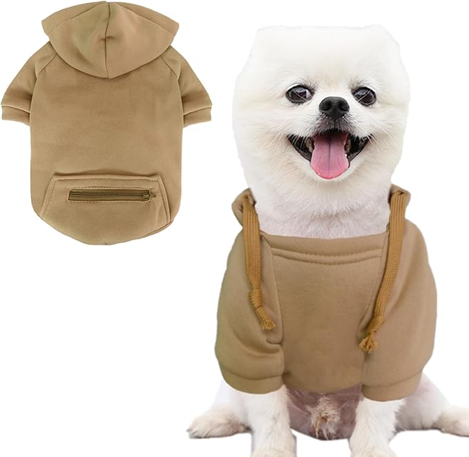 Jecikelon Pet Dog Cold Weather Coat with Pocket Winter Dog Hoodie Warm Puppy Clothes for Small Dogs Chihuahua Clothing (Khaki, XX-Small)