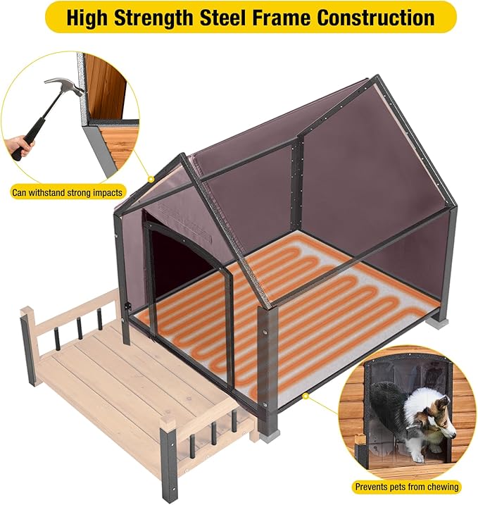 Dog House Outdoor, Chew-Proof Metal Frame Dog Kennel Shelter for Large Breeds,Weatherproof (Brown-H, Extra Large)