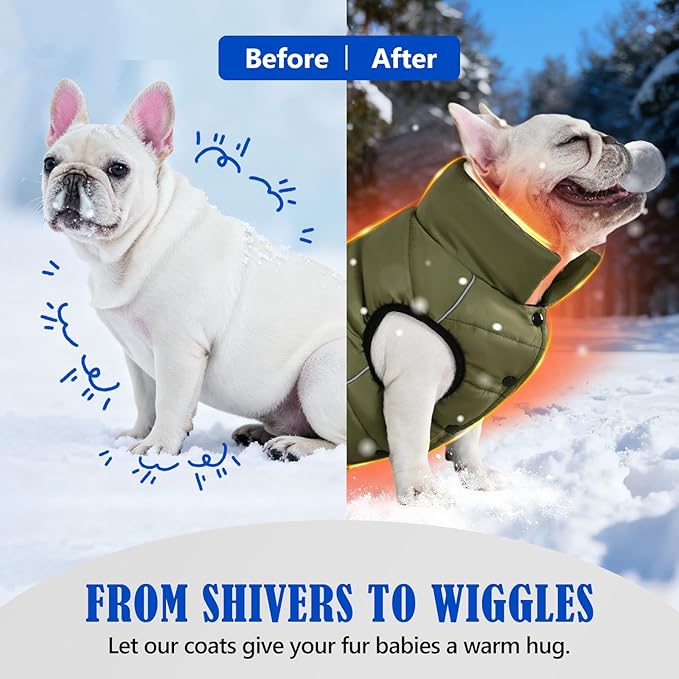 Dog Winter Jacket Waterproof, Reflective Fleece Lined Dog Coats for Small Medium Large Dogs, Warm Snow Coat for Dogs, Insulated Cold Weather Dogs Puffer Jackets with Leash Hole, Olive, M