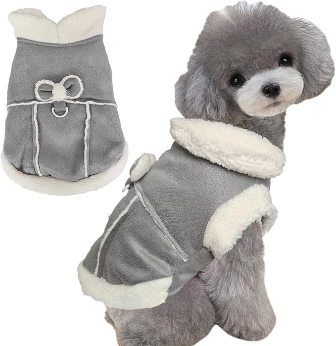 Jecikelon Bowtie Dog Cold Weather Coat Fleece Lining Warm Pet Puppy Turtleneck Dogs Winter Clothes for Small Dogs with D-Ring (Gray, Large)