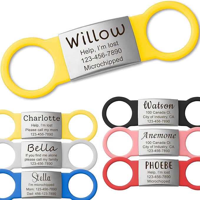 Anavia Slide On Silent Pet ID Tags, S/M/L/XL Personalized Multi-Color Silicone Band Cat Dog Name Tags, Customized Engraved Stainless Steel, Chew-Proof Quiet Dog Collar Tags (Yellow, X-Large)