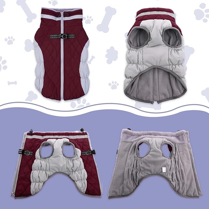 Lelepet Dog Coat Warm Dog Winter Coat Waterproof Dogs Jacket with Harness Built in Reflective Pet Fleece Vest Zip-Up Cold Weather Coats for Dogs Turtleneck & Windproof Coats Chihuahua Wine Red XS