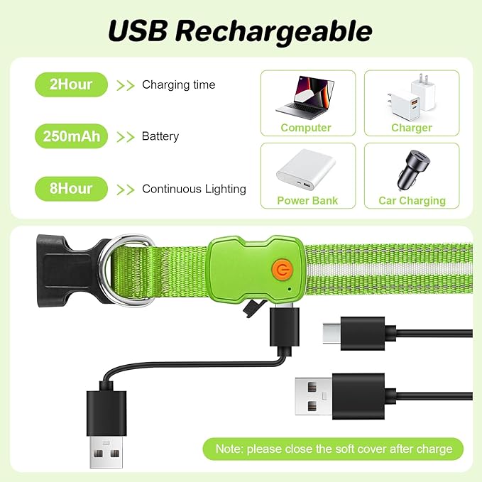 PcEoTllar Light Up Dog Collars, Led Dog Collar, Rechargeable, Night Walking, Waterproof, Glow in The Dark Dog Collars Light for Large Small Medium Dogs, Green m