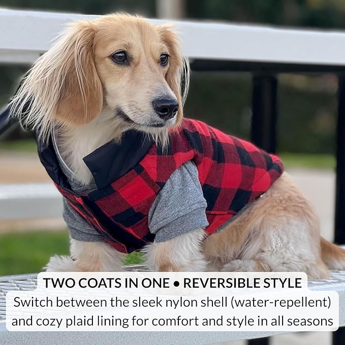 DJANGO Reversible Puffer Dog Coat – Warm Winter Dog Jacket & Water-Repellent Insulated Dog Coat with Harness Hole, Windproof, Adjustable Fit Vest for Small & Medium Dogs, Dachshunds – Black, Small