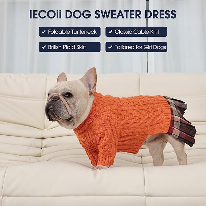 IECOii Girl XXXL Dog Sweater Dress, Girl Dog Sweaters for Extra Large Dogs Turleneck, Orange, XXXLarge, Thermal Warm Knitwear with Leash Hole, Adorable Cable Knit Sweater for Christmas & Thanksgiving