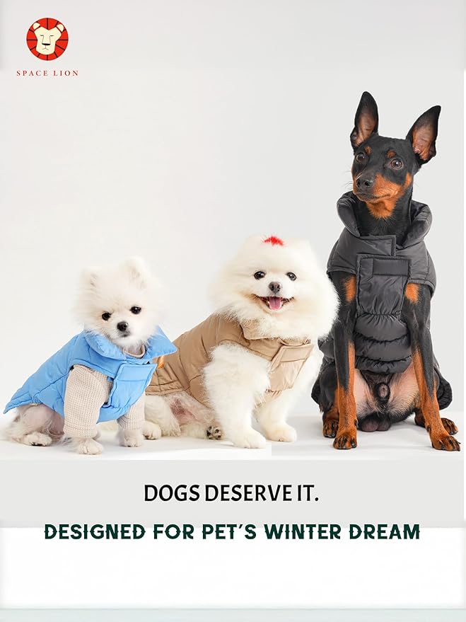 SPACE LION Dog Puffer Jacket, Down Winter Coat, Durable Outdoor Coat for Cold and Windy Conditions, Waterproof, Lightweight Jacket, Adjustable Fit for Small, Medium, Large Dogs(Khaki,12/M)