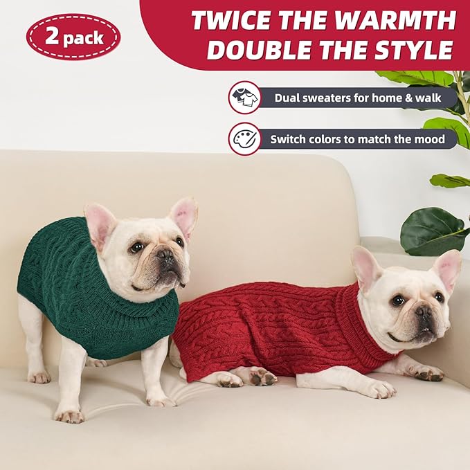 2 Pack Dog Sweaters for Medium Dogs Turtleneck Pullover Cable Knit Stretch Clothes French Bulldog Dachshund Boston Terrier Corgi Beagle Pug Boy Girl Pets Winter Clothes (M, Red & Green)