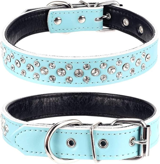 Rhinestones Dog Collar, Adjustable Sparkly Crystal Studded Genuine Leather Pet Dog Collar for Small and Medium Dogs (L, Blue)