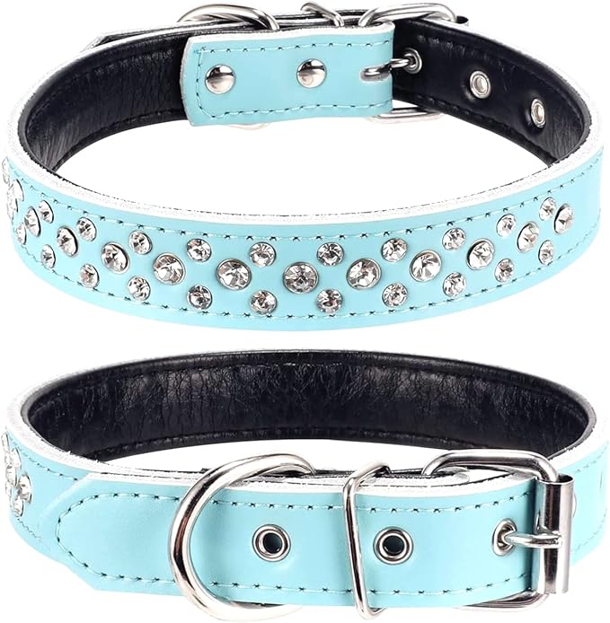 Rhinestones Dog Collar, Adjustable Sparkly Crystal Studded Genuine Leather Pet Dog Collar for Small and Medium Dogs (M, Blue)