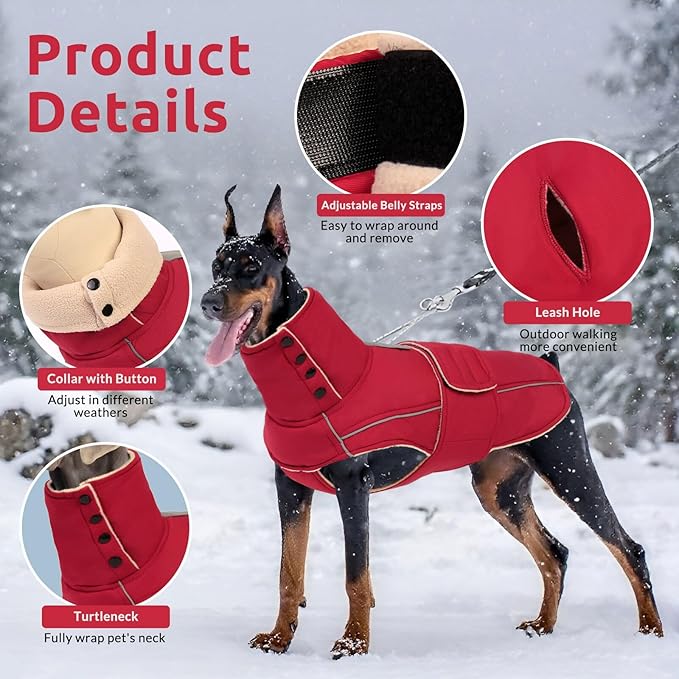 ASENKU Warm Dog Coat, Waterproof Dog Jackets for Large Dogs with Reflective Fleece Vest Turtleneck with Button,Windproof Cold Weather Coats for Small Medium Large Dogs, Dark Red, 3XL