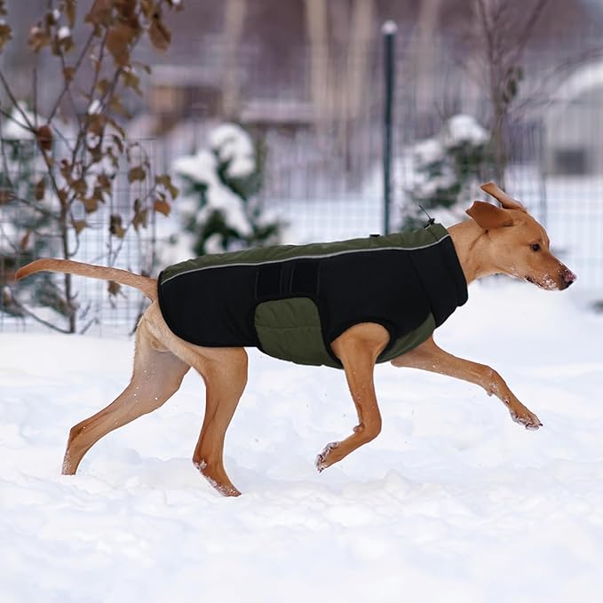 Kuoser XXXL Dog Coat, Dog Jackets for Large Dogs, Reflective Pet Winter Coat Cold Weather Coats, Doggie Snow Jacket Warm Apparel Clothes for Great Dane, Green XXXL