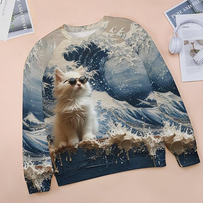 Long Sleeve Shirts for Women Cat Oil Painting Shirt 3D Graphic Sweatshirts Fall Pullover Crewneck Vintage Boho Tops