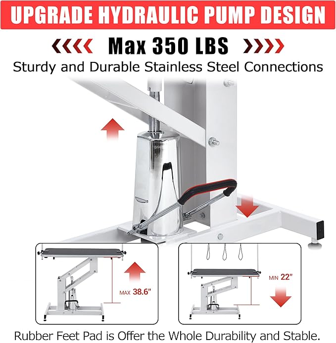 Professional Hydraulic Dog Grooming Table Heavy Duty 350Lbs, Adjustable Overhead Arm & Noose, Non-Slip PVC Top for Large Dogs, Salon-Grade Pet Grooming Station (White)
