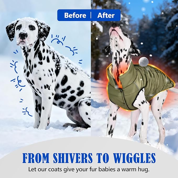 Dog Winter Jacket Waterproof, Reflective Fleece Lined Dog Coats for Small Medium Large Dogs, Warm Snow Coat for Dogs, Insulated Cold Weather Dogs Puffer Jackets with Leash Hole, Olive, 2XL