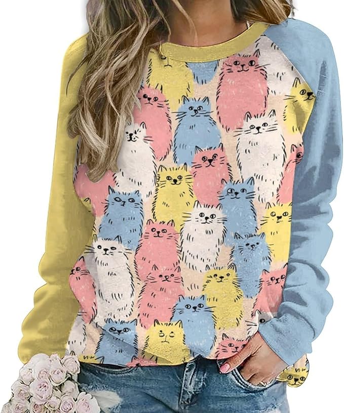 Abstract Cute Cat Shirts for Women Long Sleeve Lady Crewneck Pullover Sweatshirt Fall Winter Oversized Tops