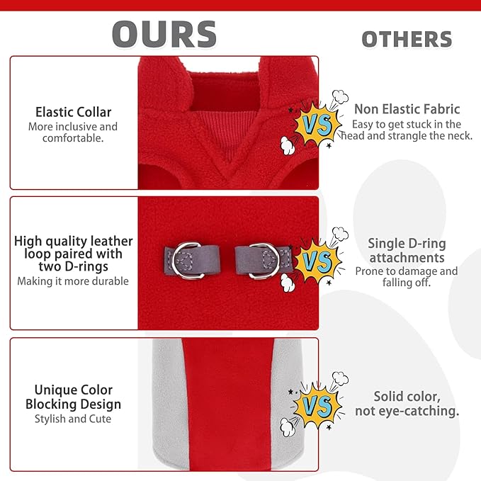 KOOLTAIL Small Dog Sweater - Dog Fleece Vest Jacket with Leash D-Ring for Small Medium Dogs, Soft Pullover Winter Warm Cold Weather Coats, Pet Fall Clothes Outfit for Puppy Cat Boys&Girls, Red M