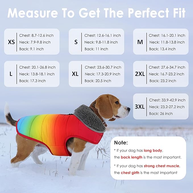 Dog Winter Coat, Waterproof Dog Jacket with Leash Hole, Reflective Adjustable Pet Snow Vest, Warm Fleece Sweater for Small Medium Large Dogs - Rainbow, M