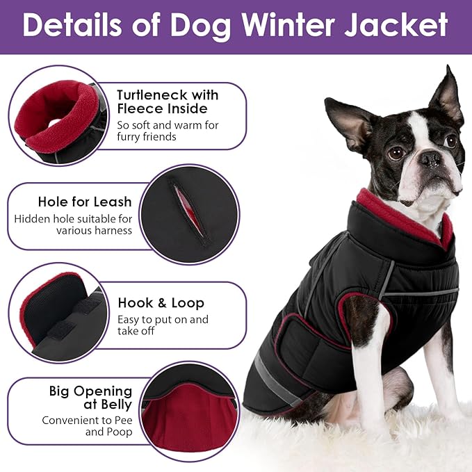 SUNFURA Small Dog Coat, Warm Dog Winter Coat, Adjustable Pet Jacket with Leash Hole, Waterproof Pet Snow Jacket Puppy Sweater Coats, Black XS