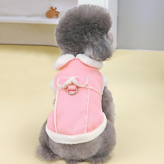 Jecikelon Bowtie Dog Cold Weather Coat Fleece Lining Warm Pet Puppy Turtleneck Dogs Winter Coats for Small Dogs Jacket with D-Ring Leash (Large, Pink)