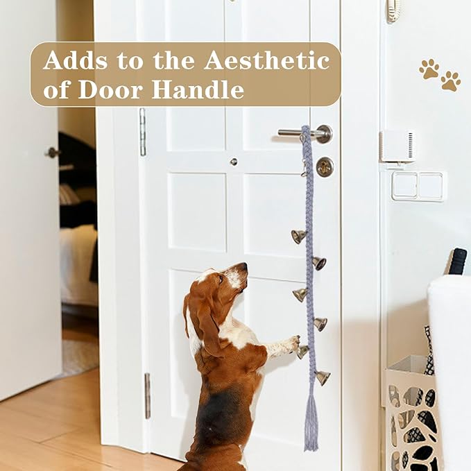 Dog Bell for Door Potty Training, Cotton Handwoven Dog Doorbell with 6 Extra Loud Bells for Dog Training, Adjustable Hanging Door Bell for Small Medium Large Dogs to Ring to Go Outside, Grey