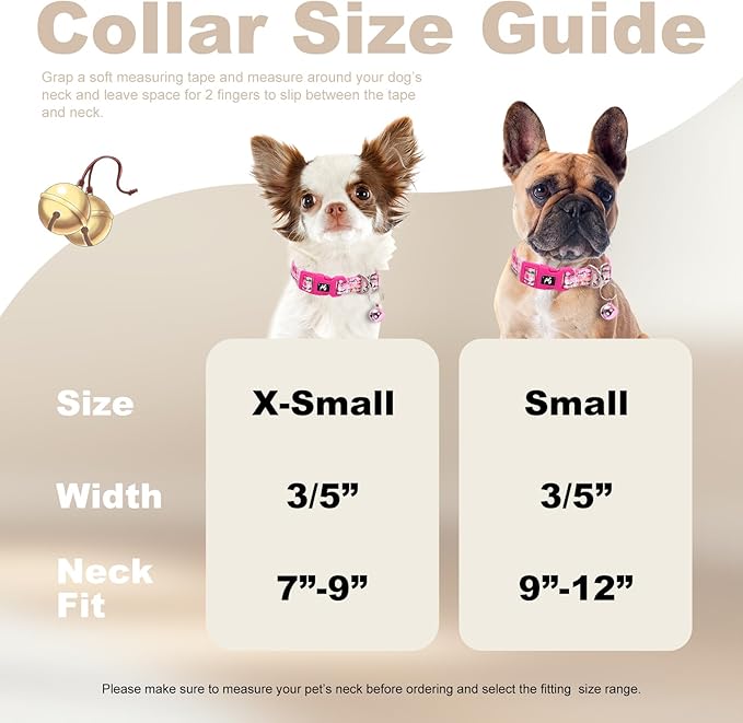 Pink Small Dog Collar with Bell - Reflective Soft Kitten-Safe Collar for Tiny Dogs, Adjustable Flower Pattern Nylon Collar for Teacup Chihuahua Pomeranian Kittens (Small Flower)