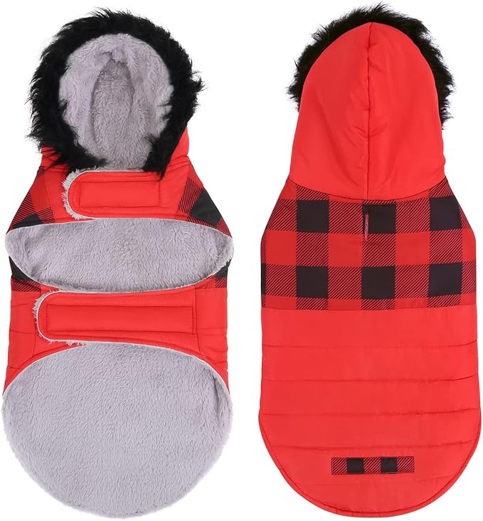 HDE Dog Puffer Jacket Fleece Lined Warm Dog Parka Winter Coat with Harness Hole Buffalo Plaid - XXL