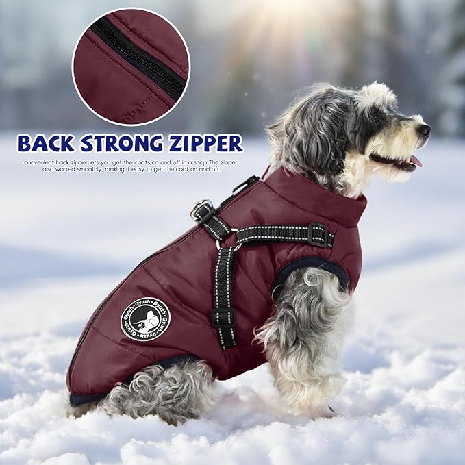 Gyuzh Dog Coat with Harness - Waterproof Winter Dog Coat, Fleece Lined, Adjustable, Reflective, for Medium Dogs - Large, Purple