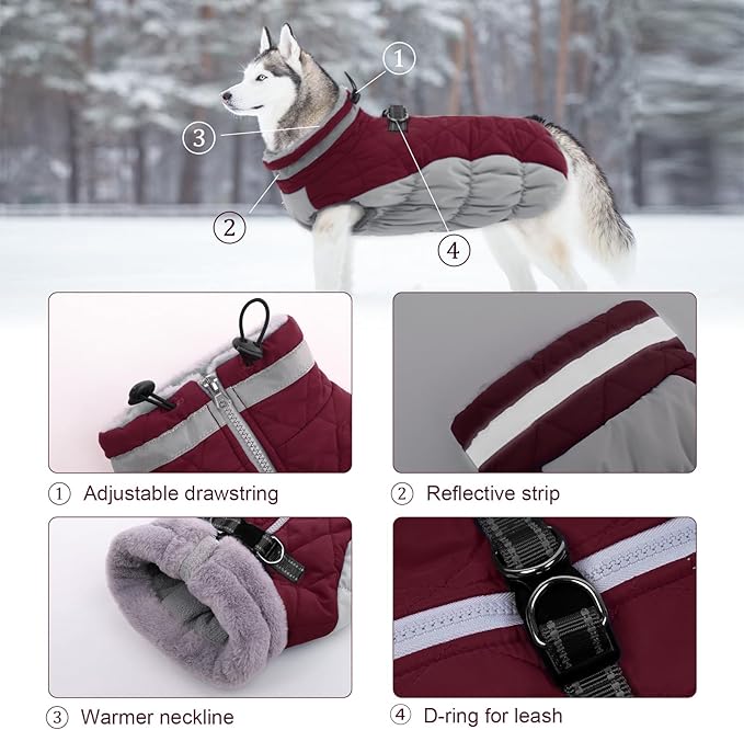 Lelepet Dog Coat Warm Dog Winter Coat Waterproof Dogs Jacket with Harness Built in Reflective Pet Fleece Vest Zip-Up Cold Weather Coats for Dogs Turtleneck & Windproof Coats Chihuahua Wine Red XS