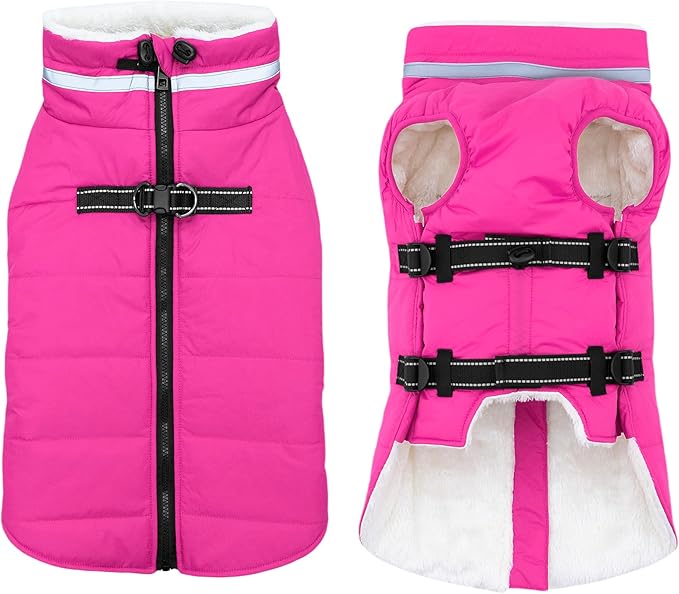 Small Dog Coat with Harness Built-in, Waterproof Reflective Fleece Lined - Warm Windproof Winter Jacket with Back Zipper, Cold Weather Snow Dog Coats - Pink - XS