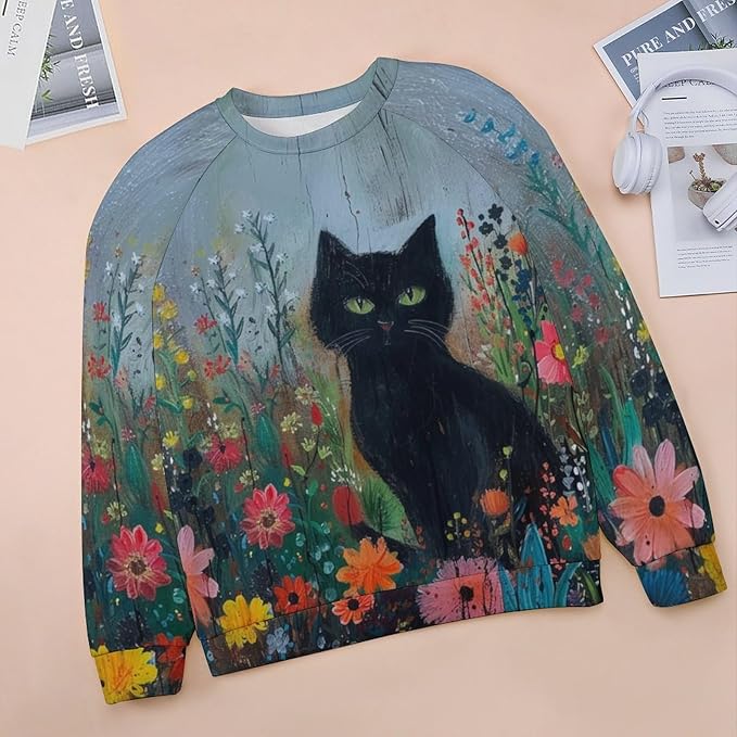 Long Sleeve Shirts for Women Cat Oil Painting Shirt 3D Graphic Sweatshirts Fall Pullover Crewneck Vintage Boho Tops