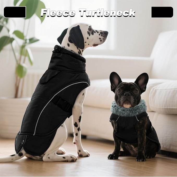 DENTRUN Large Dog Coat - Thick Fleece Lined Reflective Winter Jacket, Snap Closure & Leash Hole, Warm Thick Fleece Lined, Plush Turtleneck Vest for German Shepherd, Black, XXL
