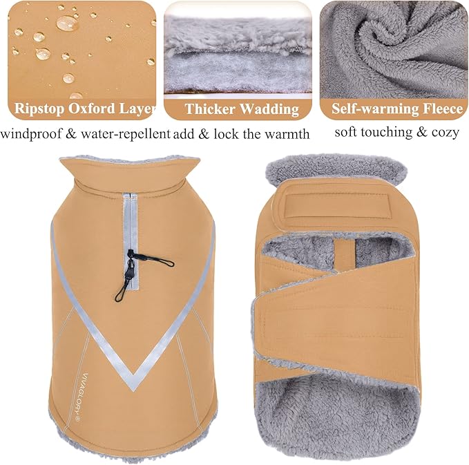 VIVAGLORY Snowrap Dog Coat, Jacket with Harness Hole & Velcro Closure, Dog Coat for Winter & Cold Weather, Fluffy Warm Fleece Lined Reflective Water Resistant for Puppy, M, Khaki