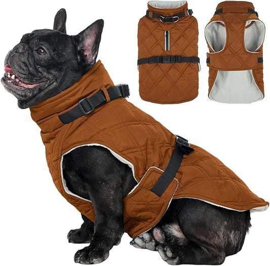 Kuoser Dog Coat Warm Fleece Lining Turtleneck Dog Jacket with Harness Built-in, Adjustable Windproof Cold Weather Coats with Quick Release Buckle Pet Winter Snowsuit for Extra Small Dogs, Khaki XS