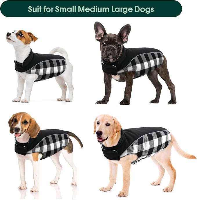 Kuoser Dog Winter Coat, Reversible Waterproof Dog Jacket with Reflective Strip, Warm Dogs Fleece Vest Adjustable Doggy Cold Weather Clothes Plaid Christmas Outfit Pet Apparel for Small Dogs, Black XS