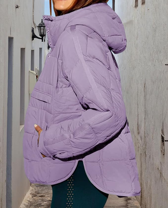 Womens Oversized Hooded Puffer Jacket Fall Winter Warm Quilted LightWeight Jacket Casual Fashion Solid Color Coat
