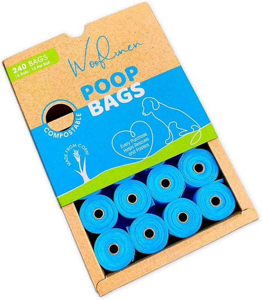 Wooflinen 100% Compostable Dog Poop Bags - EN13432 Home Compost Certified Dog Waste Bags, 240 Bags (16 Rolls), Made from Corn - Easy Open - Large, Thick Poop Bags for Dogs