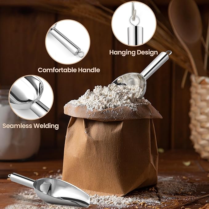 18oz Stainless Steel Ice Scoop for Freezer with Magnetic Hook– Dishwasher Safe Ice Scooper for Ice Machine with Long Handle – Metal Scoop for Ice Bucket, Dog Food, Flour, Canisters