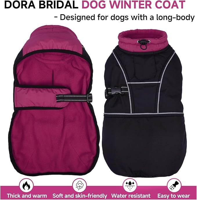 DORA BRIDAL Dachshund Coat, Fleece Lined Dog Winter Coat, Warm Dog Coats with Reflective Strips, Adjustable Waterproof Pet Jacket Clothes, XL