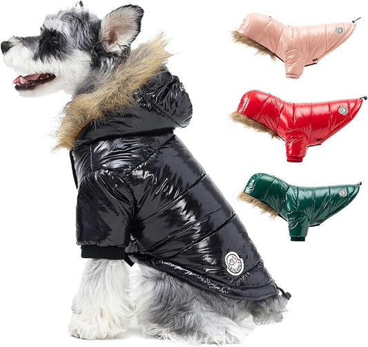 PINA Dog Winter Coat with Faux Fur Hood, Windproof and Warm, Suitable for Small to Large Dogs, Black, M