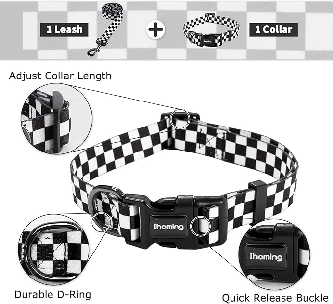 Ihoming Dog Collar and Leash Set for Daily Outdoor Walking Running Training, Chess Board Design for Large Boys Girls Dogs Cats Pets, L-Up to 80LBS