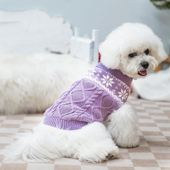 Warm Winter Dog Sweater - Cold Weather Pet Clothes for Small Medium Large Dogs Indoor Outdoor, Soft Classic Knit Puppy Apparel, Purple, S