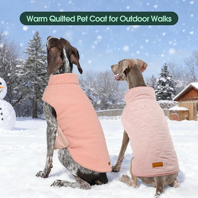 Kuoser Reversible Dog Coat – Warm Fleece & Quilted Waterproof Dog Jacket, Double-Sided Cold Weather Dogs Winter Coat with Harness Hole, Windproof Pet Snow Vest for Small Medium Large Dogs, Pink M