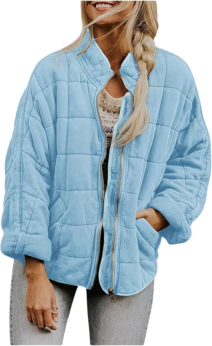 LIZALIG Warm Padded Coat for Women Full Zip Quilted Jackets Winter Oversized Causal Solid Color Stand Collar Pockets Coat