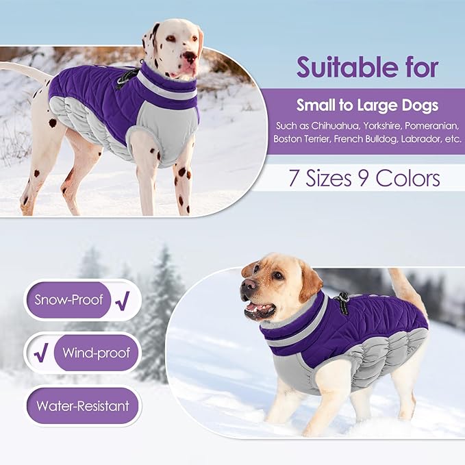 AOFITEE Dog Coat, Warm Dog Jacket, Reflective Winter Coats for Medium Dogs, Turtleneck Dogs Winter Jacket with Harness Built in, Waterproof Windproof Pet Fleece Vest Puffer Jacket, Purple M